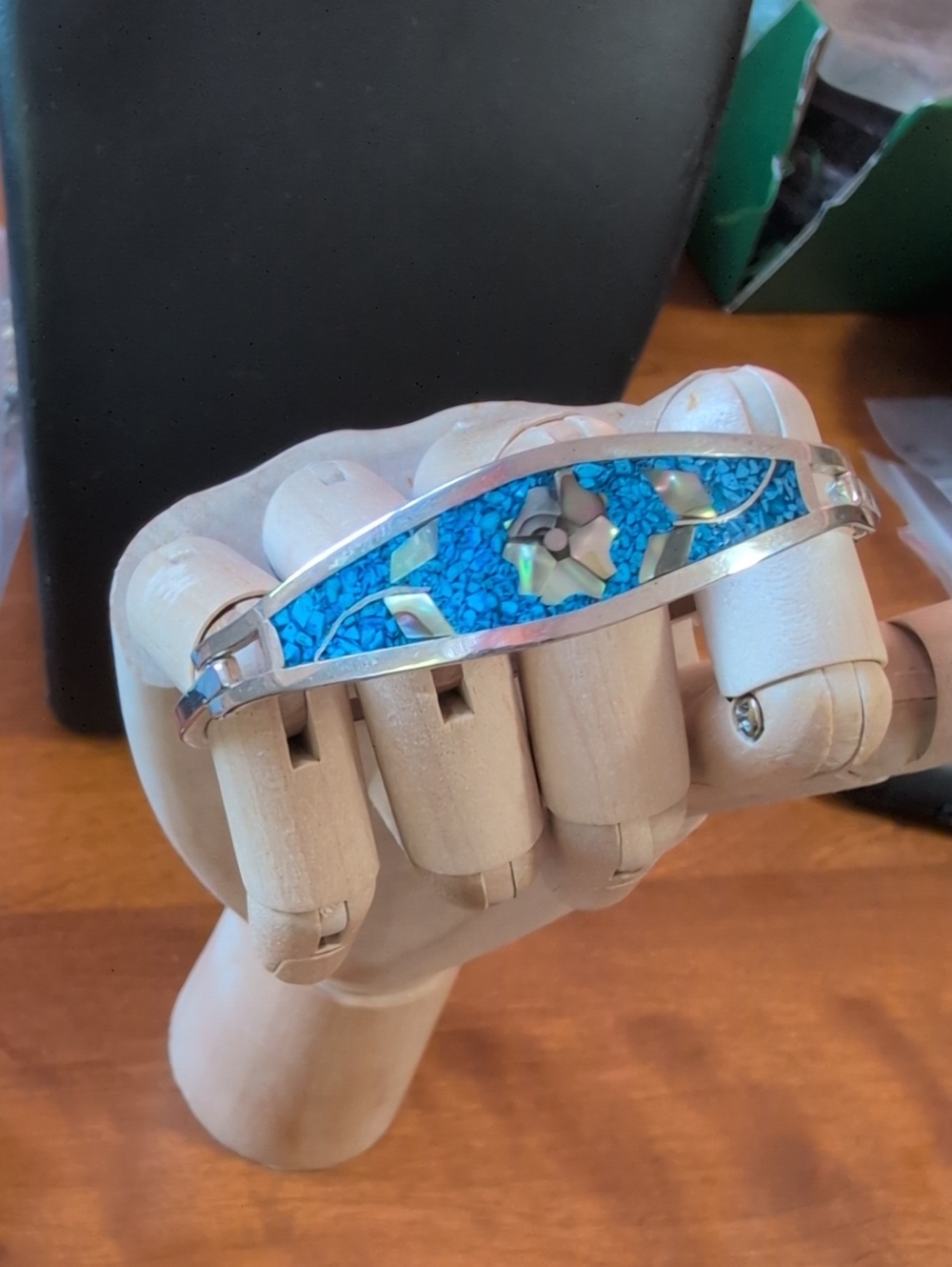 Silver Mexico Bracelet with Blue Turquoise And Abalone Inlay
